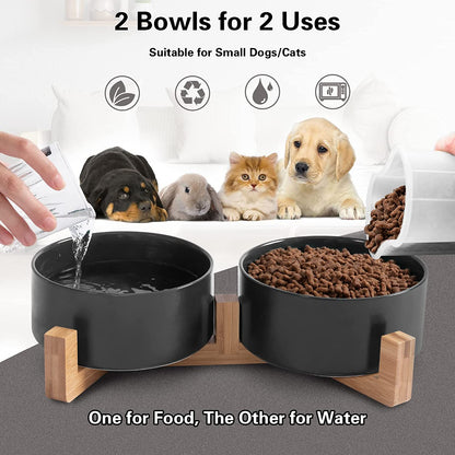 Cat Bowls, Puppy Ceramic Food and Water Bowls Set, 1 3/4 Cups X 2, Indoors Black Pet Bowls with Wood Stand