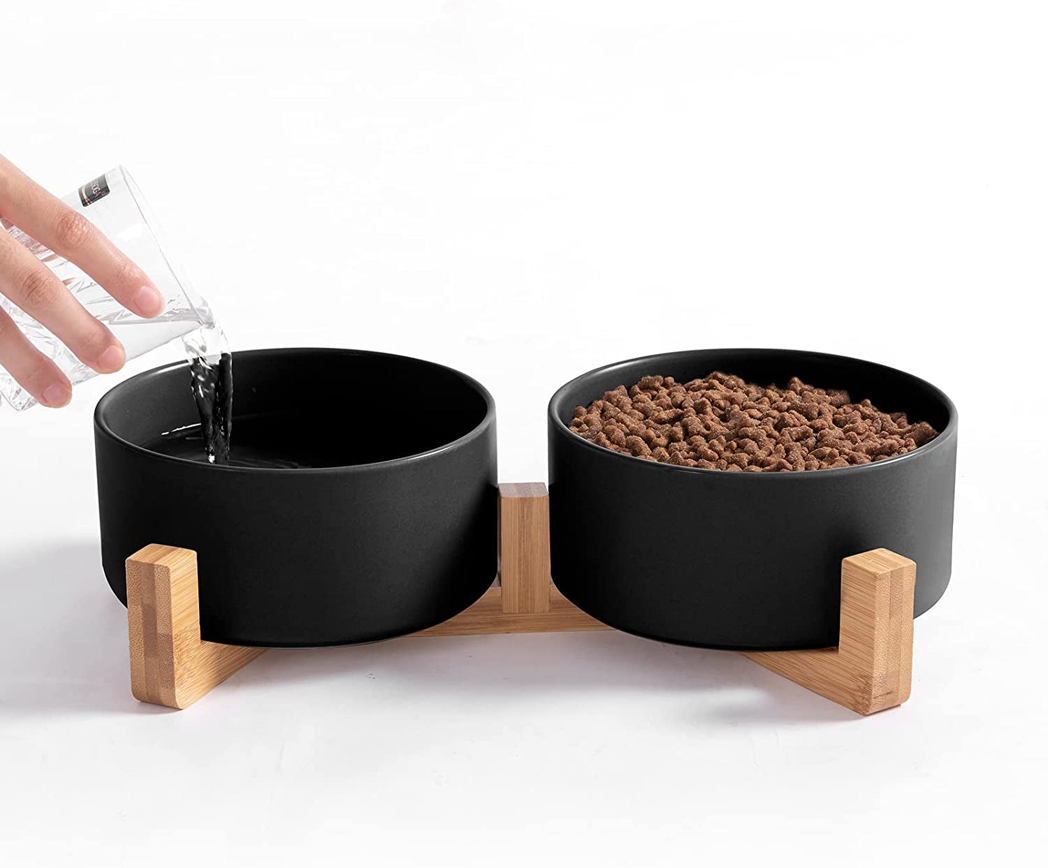 Cat Bowls, Puppy Ceramic Food and Water Bowls Set, 1 3/4 Cups X 2, Indoors Black Pet Bowls with Wood Stand