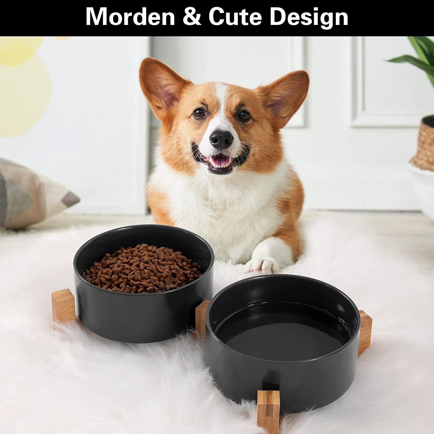 Cat Bowls, Puppy Ceramic Food and Water Bowls Set, 1 3/4 Cups X 2, Indoors Black Pet Bowls with Wood Stand