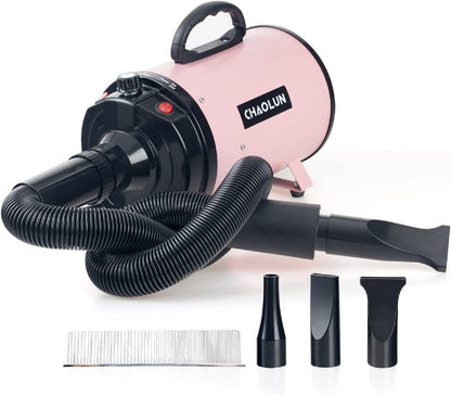 Dog Dryer, High Velocity Professional Pet Grooming Dryer with Heater, Adjustable Speed Dog Blow Dryer, 3 Nozzles and a Comb, Pink (2400W)