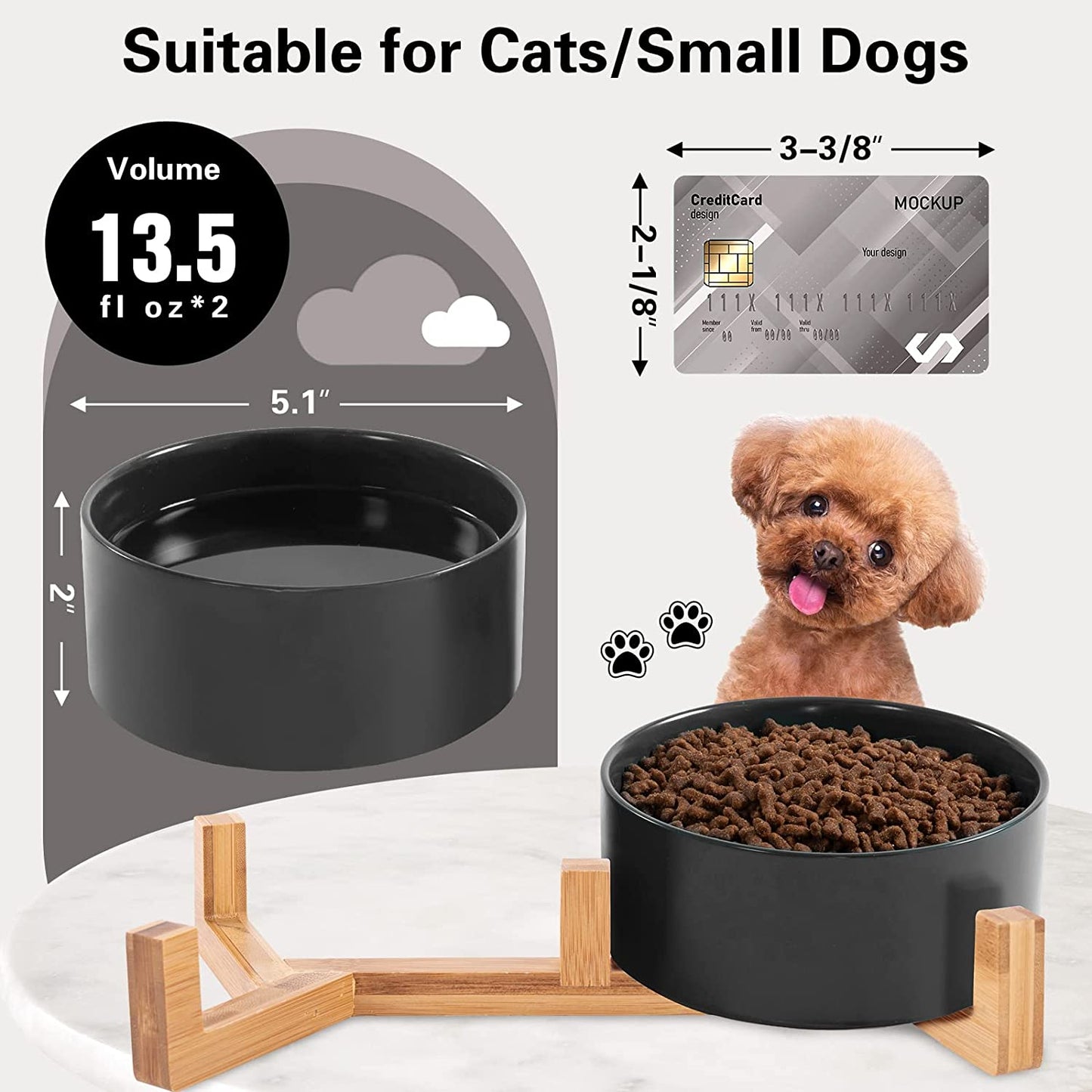 Cat Bowls, Puppy Ceramic Food and Water Bowls Set, 1 3/4 Cups X 2, Indoors Black Pet Bowls with Wood Stand