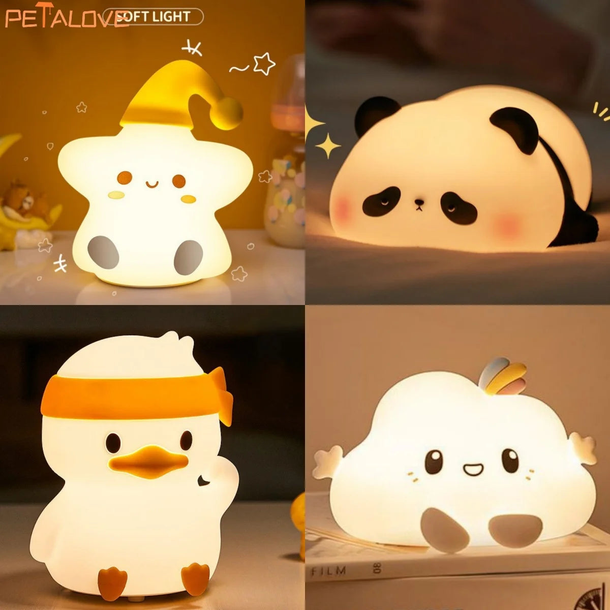 Night Light Cute Animal Panda Rabbit Duck Lovely Silicone Lamp Cloud Star Christmas Gift for Kids USB Recharge Warm Soft Light